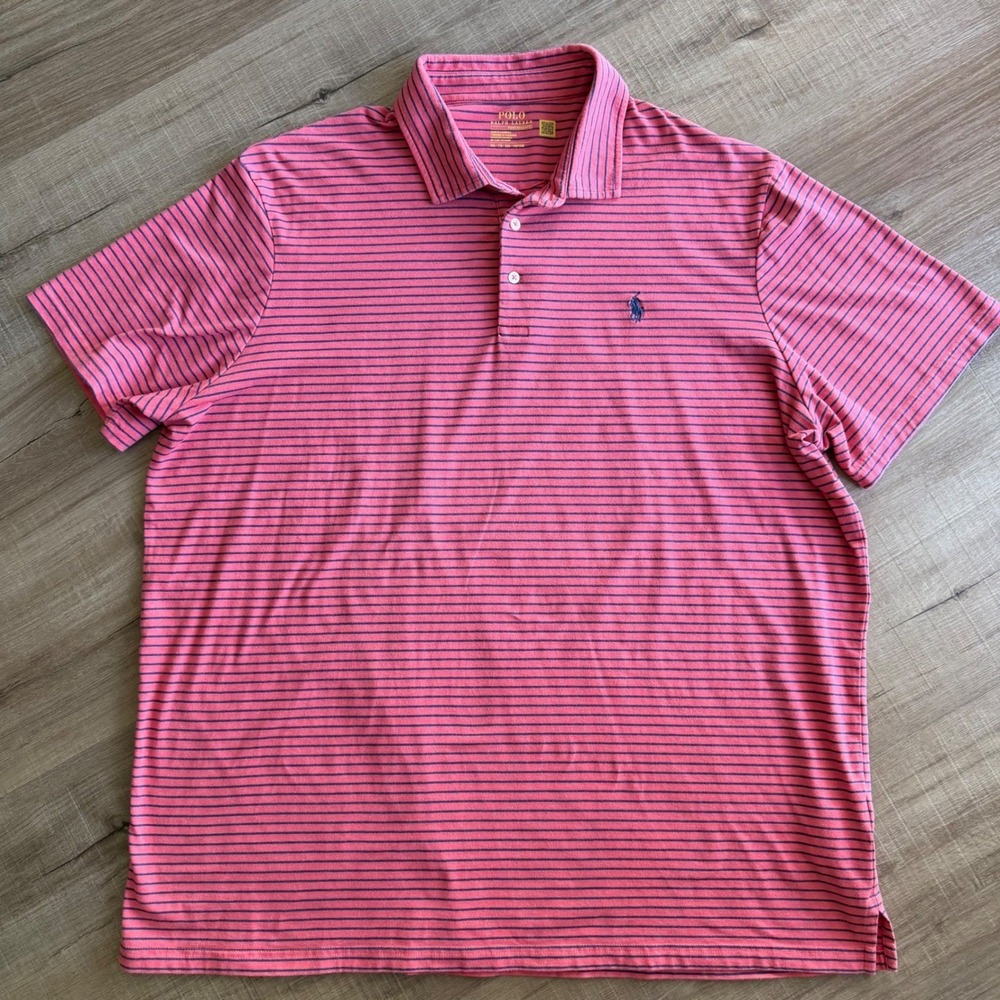 Polo Ralph Lauren Performance Mens XXL Striped Polo Shirt Pink Navy Blue - Picture 8 of 8